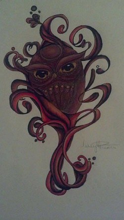 Red owl. Done in prisma colored pencil & black ink